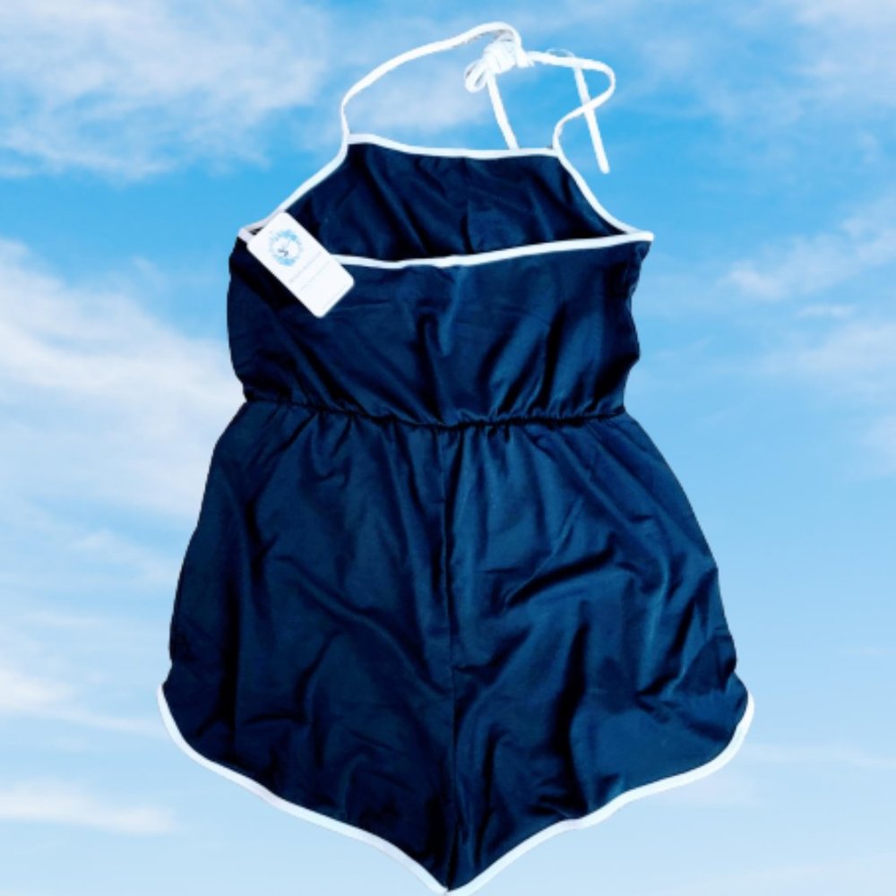 🆕Babe Graphic Halter Tie Romper. Navy Blue & White Trim. Sizes M, L, XL - Picture 4 of 9